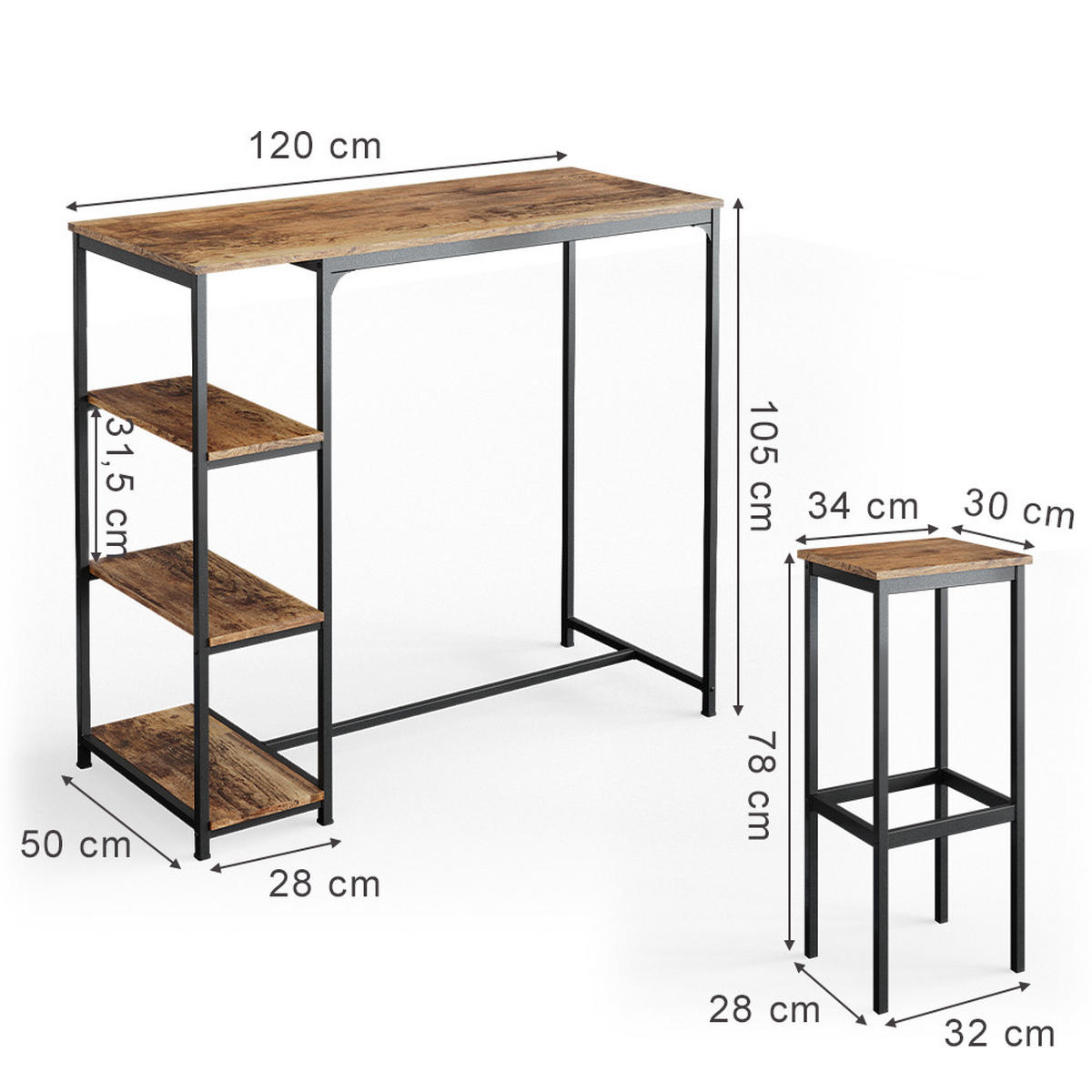 BARTISCH-SET Fyrk Antikholz 120 x 50 cm mit Regalen und 2 Barhockern - Alteiche/Schwarz, Holzwerkstoff (120/105/50cm) - Vicco