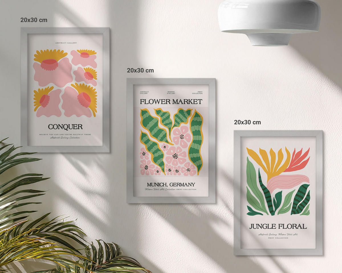 BILDER SET 3er Set - 20x30 cm Silberner Rahmen - Blumen und Blätter – moderne Poster - Silberfarben, Kunststoff (20/30cm) - TULUP