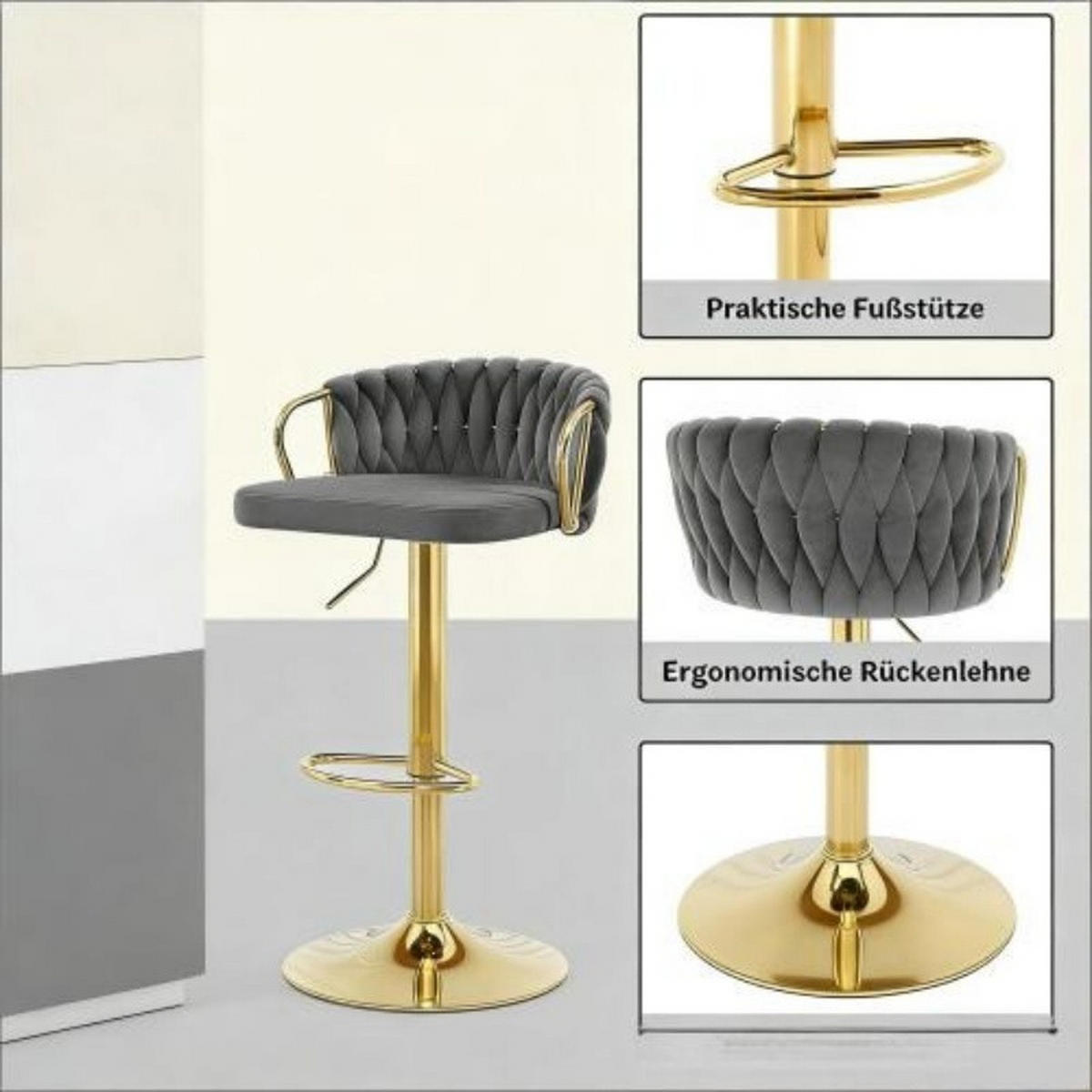 BARHOCKER 2er-Set drehbar höhenverstellbar Samt Dark Gray - Dunkelgrau, Metall (49.5/98/50.51cm) - Meubliv