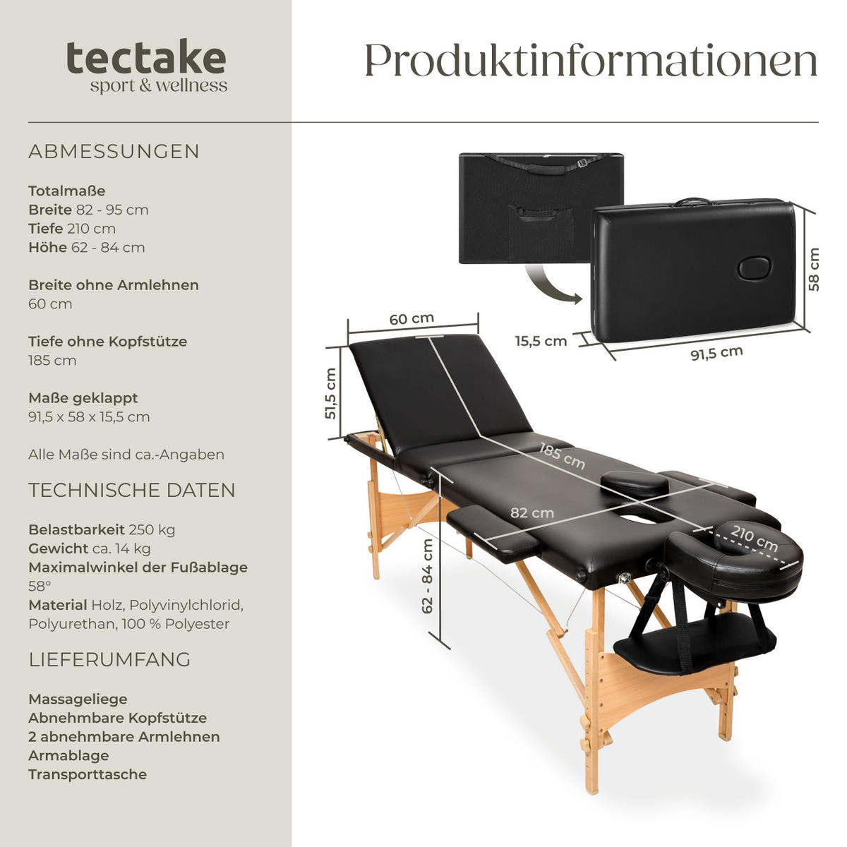 MASSAGELIEGE 3 Zonen Daniel,210 x 95 x 84 cm,schwarz - Schwarz, Holz (61/62/185cm) - tectake
