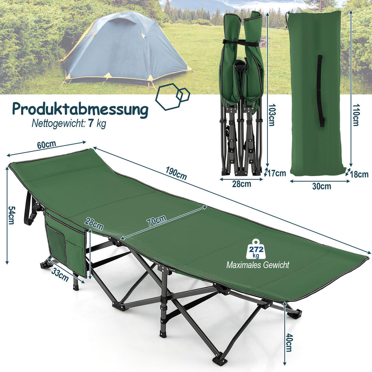 CAMPINGLIEGE Klappbare Grün - Grün, Metall - COSTWAY
