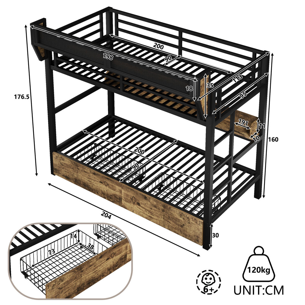 ETAGENBETT 90/200 cm in Schwarz mit LED, Ablagebord, Aufbewahrungskorb und 2 Schubladen - Schwarz, Holzwerkstoff/Metall (90/200cm) - WISHDOR