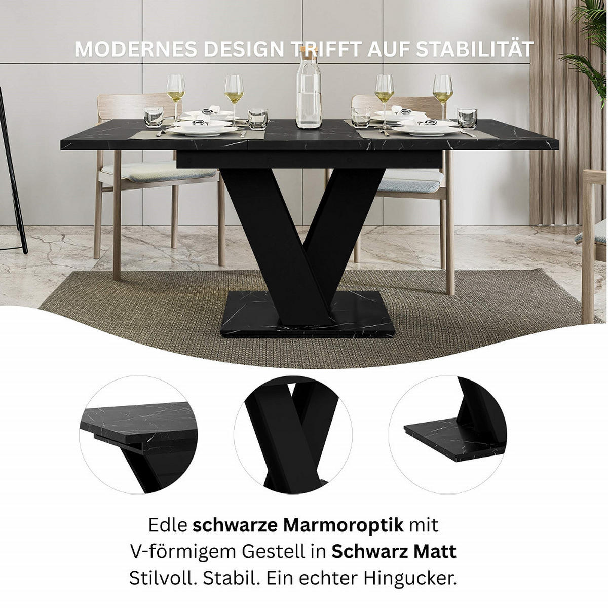ESSTISCH Royal Schwarz Marmoptik Ausziehbar 120 - 160 cm - Schwarz, Holzwerkstoff (120/80/75cm) - PROSPERO