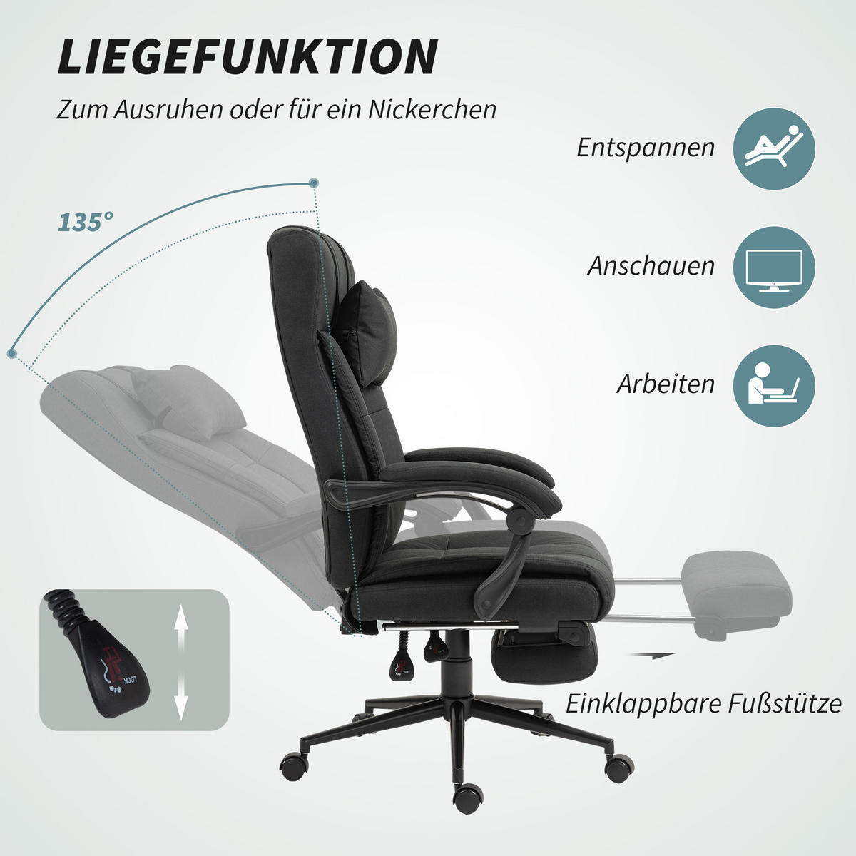 BÜROSTUHL mit Liegefunktion, Schwarz - Schwarz, Kunststoff (66/120/76cm) - Vinsetto