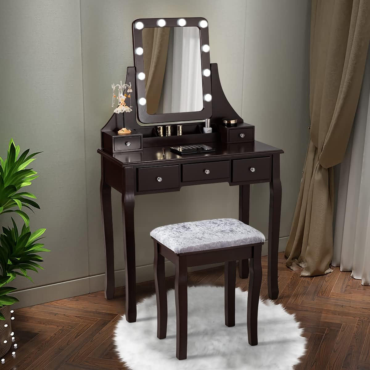 SCHMINKTISCH mit hocker Braun - Braun, Holz (80/136/40cm) - COSTWAY