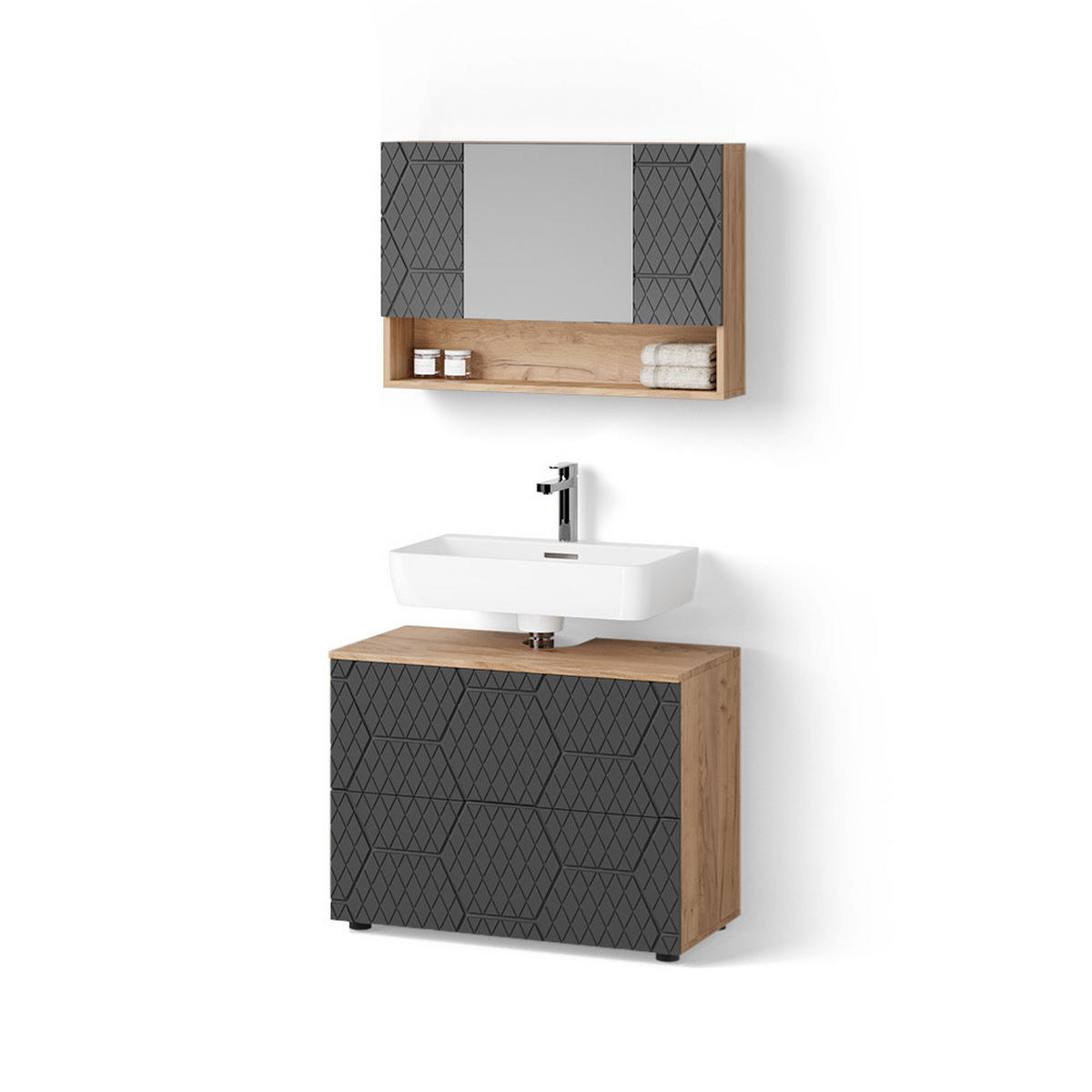 BADMÖBEL-SET Ronco Anthrazit gestreift 2 Teile, Unterschrank 80 cm - Eichefarben/Anthrazit, Holzwerkstoff (80/58/41cm) - Livinity®