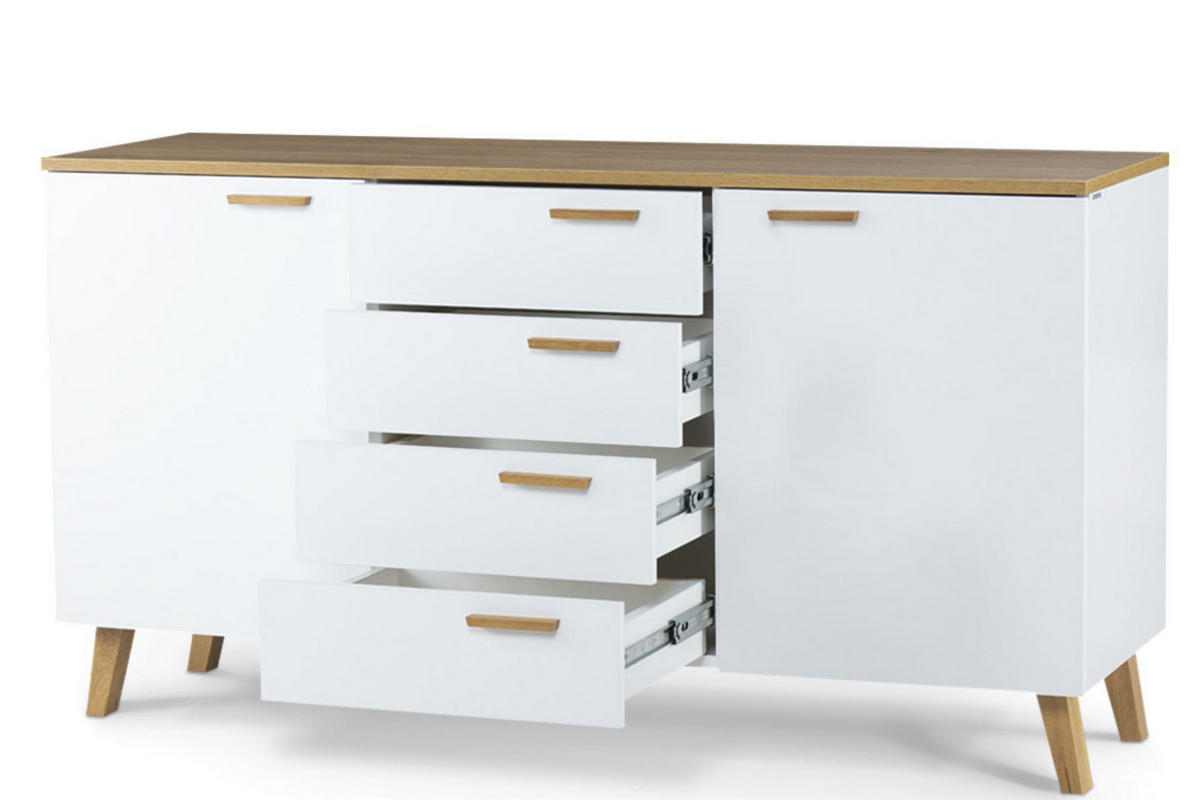 KOMBIKOMMODE FRISK 2 Türen und 4 Schubladen, weiß - Weiß, Eichenholz/Holzwerkstoff (150/81/46cm) - KONSIMO®