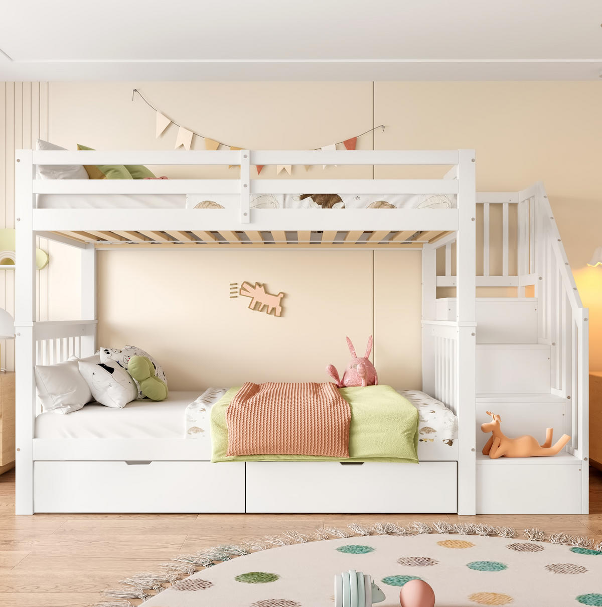ETAGENBETT 90/200 cm in Weiß mit Treppenregal und 2 Schubladen - Weiß, Holz (90/200cm) - BEAOK