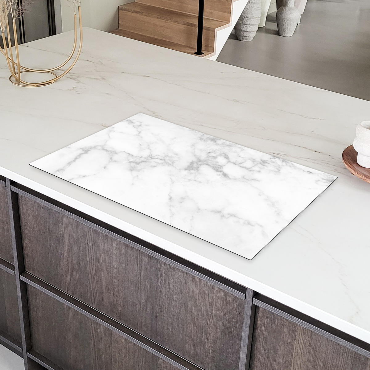 HERDABDECKPLATTE Marmor - Grau - Weiß - Strukturierter Marmor Induktionsschutz 89.6x51.6 cm - Weiß, Kunststoff (89.6/51.6/0.2cm) - MuchoWow