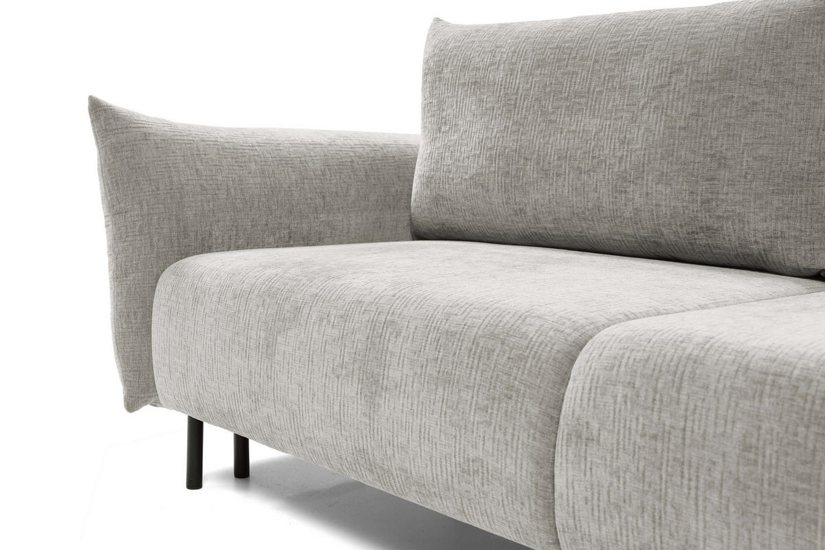 SOFA ADEL - Schlaffunktion Und Bettkasten, Wellenfederung, PUR-Schaum, Schwarze Metallfüße lose Rückenkissen, freistehend, 240x108x75 cm Silver - Silberfarben, Holz/Textil (240/75/108cm) - DomoHome