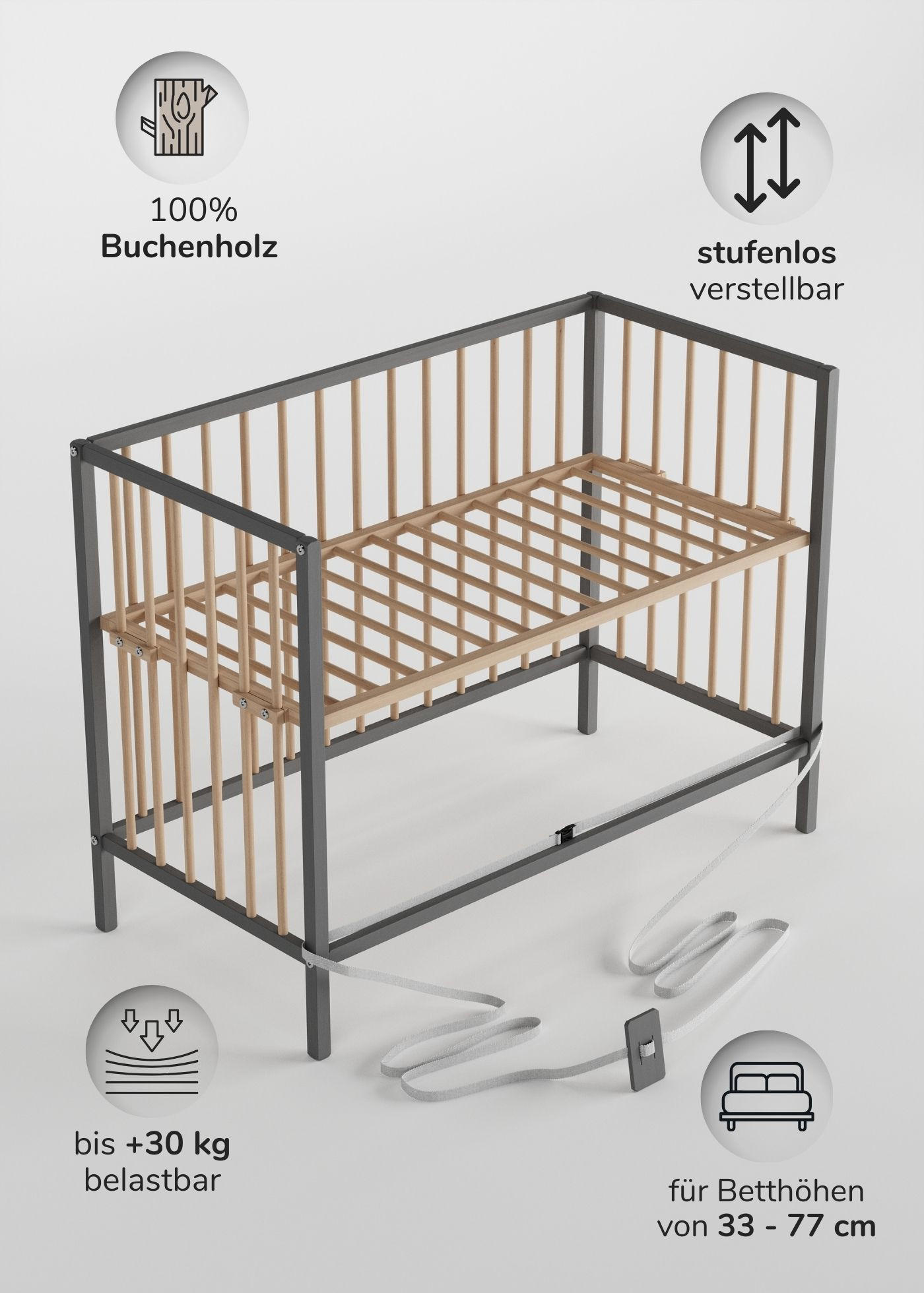 BEISTELLBETT mit Umbauseite - grau/natur - Dreamy 4 in 1 Bett - Naturfarben/Grau, Holz (120/90/60cm) - Sämann – make a difference.