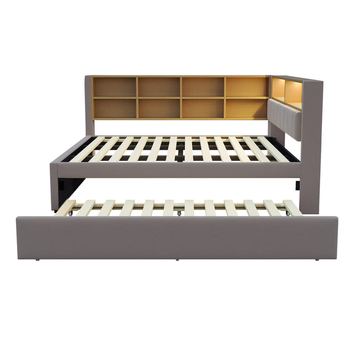 BETT mit Ausziehbett 140/200 cm und LED-Beleuchtung Dunkelgrau Flanell - Dunkelgrau, Textil (140/200cm) - OKWISH