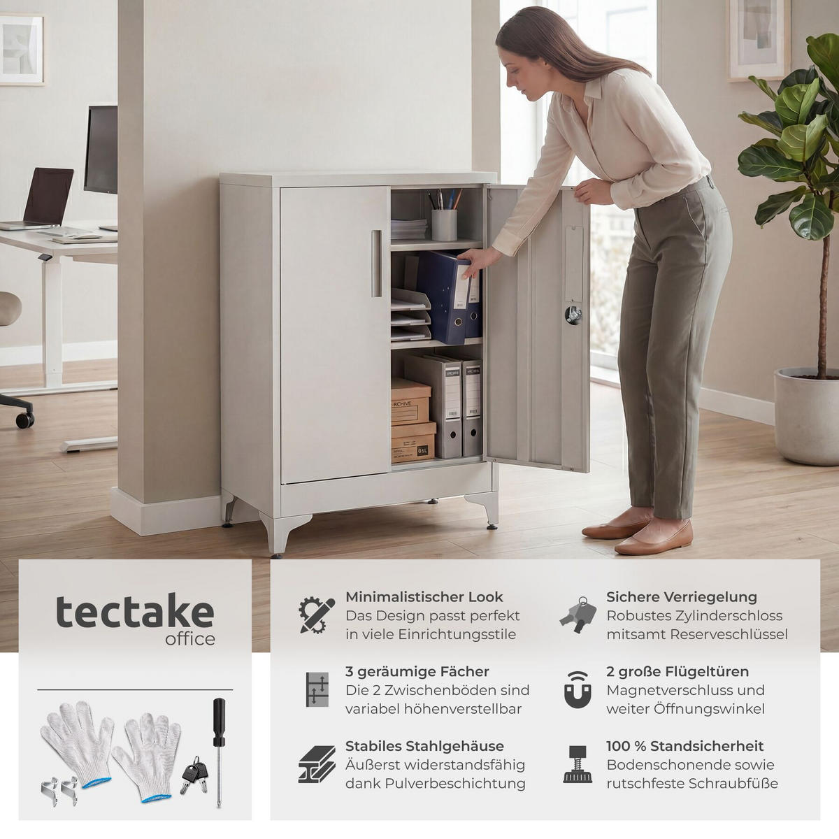 AKTENSCHRANK Blake, Kippschutz, höhenverstellbare Füße, grau - Grau, Metall (80/100/40cm) - tectake