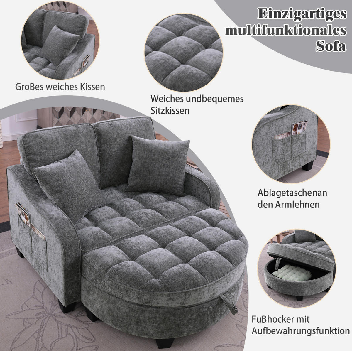 SOFA-BETT 132/129/93 cm aus Eukalyptusholz mit Aufbewahrungshocker Dunkelgrau - Dunkelgrau, Holz (129/93/132cm) - Modenvie
