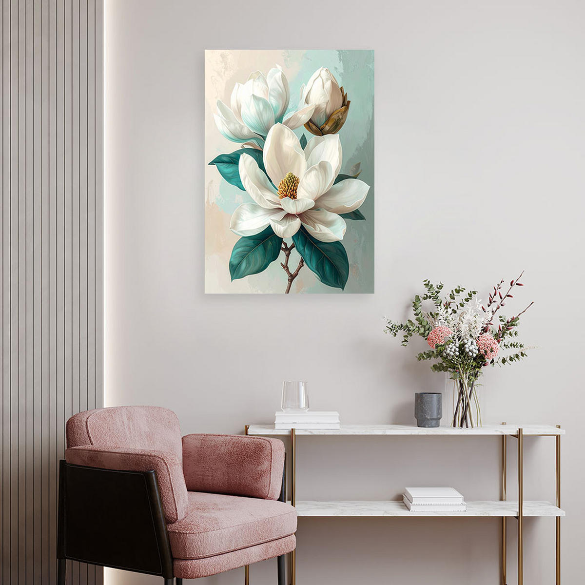 WANDBILD, Weiße Magnolie mit türkisfarbenen Blättern auf hellem Hintergrund - Grün, Textil (20/30cm) - Feeby