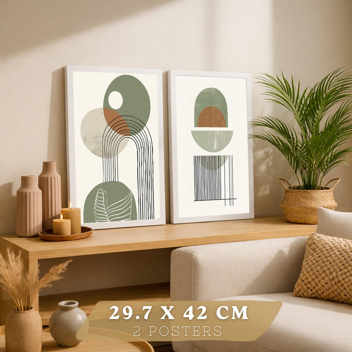 PLAKAT Sada 2 Zelené tvary A3 Bílý rám - bílá, papír (29.7/1/42cm) - Nacnic