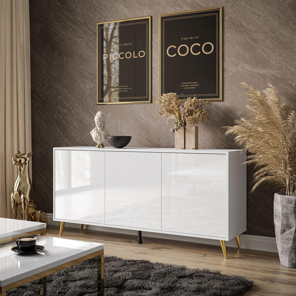 SIDEBOARDS SANAYI auf goldenen Beinen, Hochglanz Weiß/Golde Beine - Goldfarben/Weiß, Holzwerkstoff (154/73/40cm) - Lookway