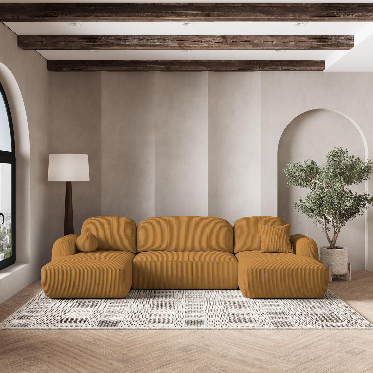 ROHOVÁ SEDAČKA SAVONA žlutá - černá/žlutá, dřevo/textil (320/148cm) - MASSENO