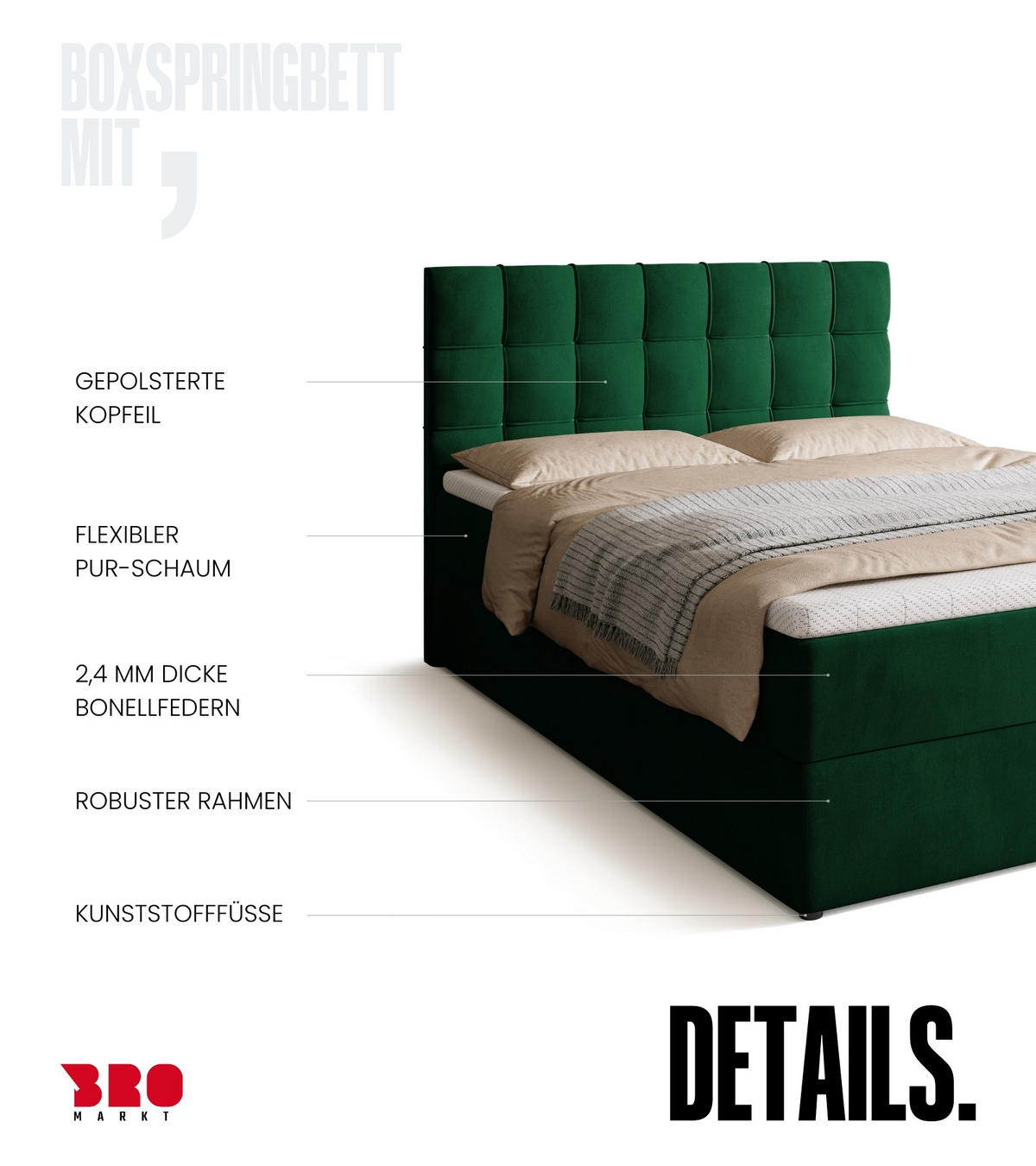 BOXBETT Detroit mit Topper 140/200 Grün - Grün, Holzwerkstoff/Textil (140/200cm) - Bromarkt
