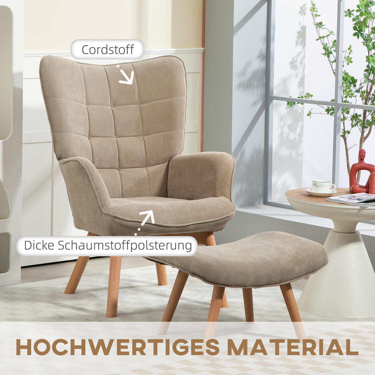 OHRENSESSEL mit Hocker, Relaxsessel, Polstersessel in Cord-Optik, mit Holzbeine - Hellbraun/Naturfarben, Buchenholz/Textil (72/101/80cm) - HOMCOM