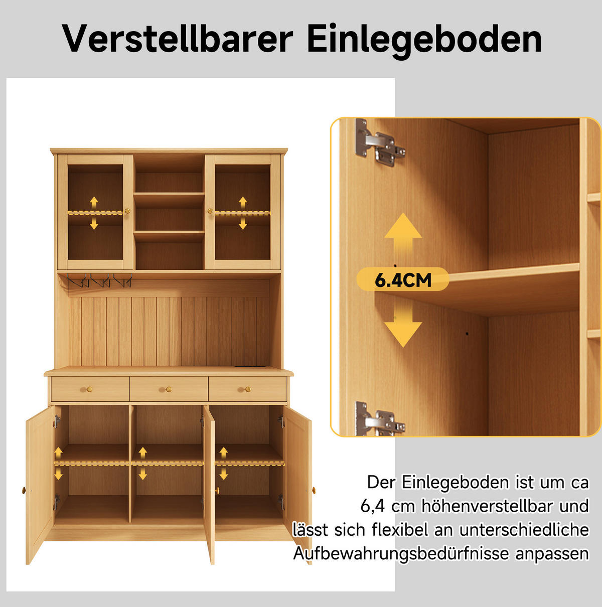 BUFFETSCHRANK aus Spanplatte 120x40x191 cm Naturfarben mit Glastüren, Gläserhalter und Steckdosen - Naturfarben, Holzwerkstoff (120/191/40cm) - IVMEU