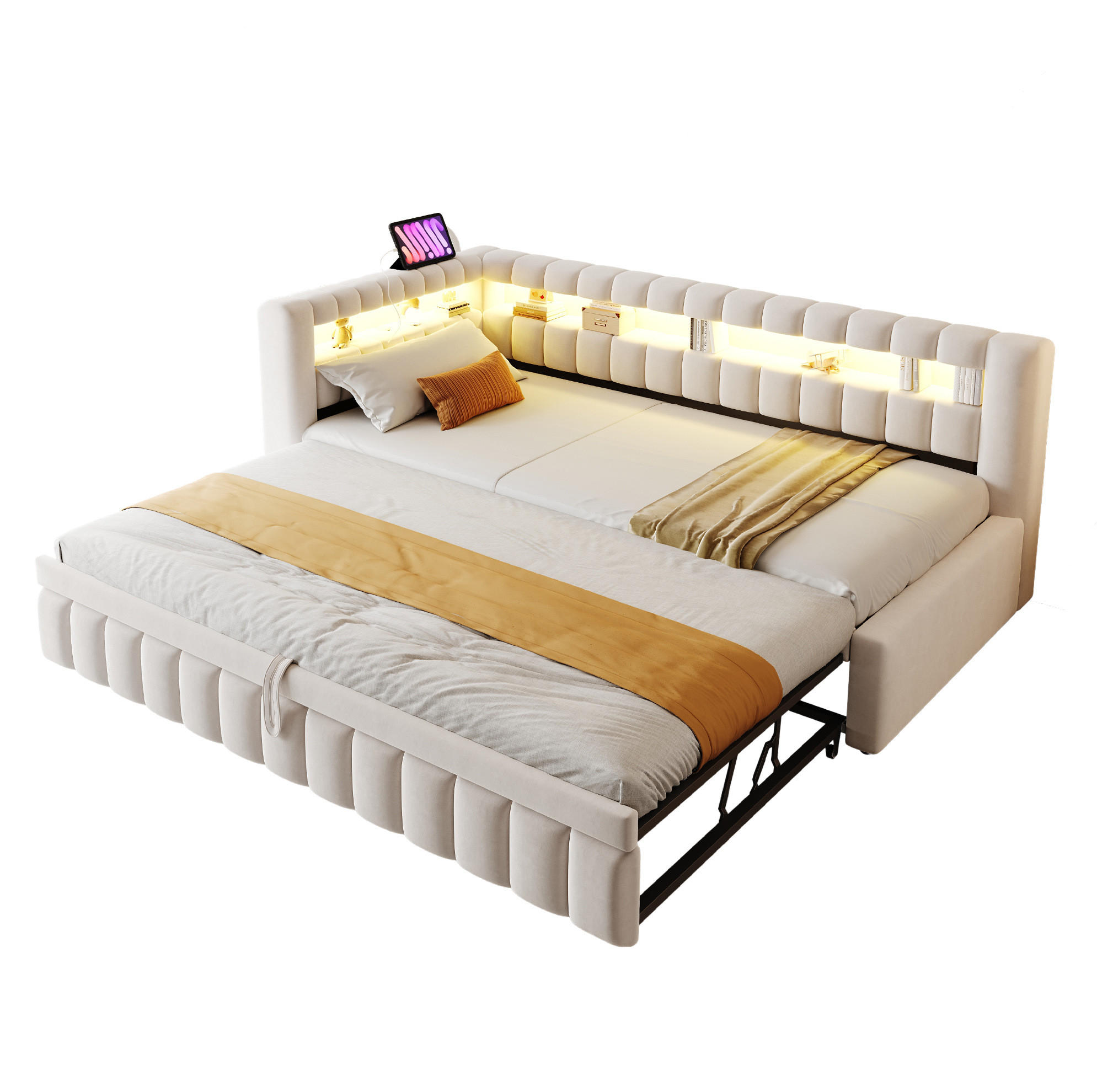 POLSTERBETT 90/200 cm in Beige mit LED-Beleuchtung und USB- sowie Type-C-Anschlüssen - Beige, Textil (90/200cm) - Flora Grace