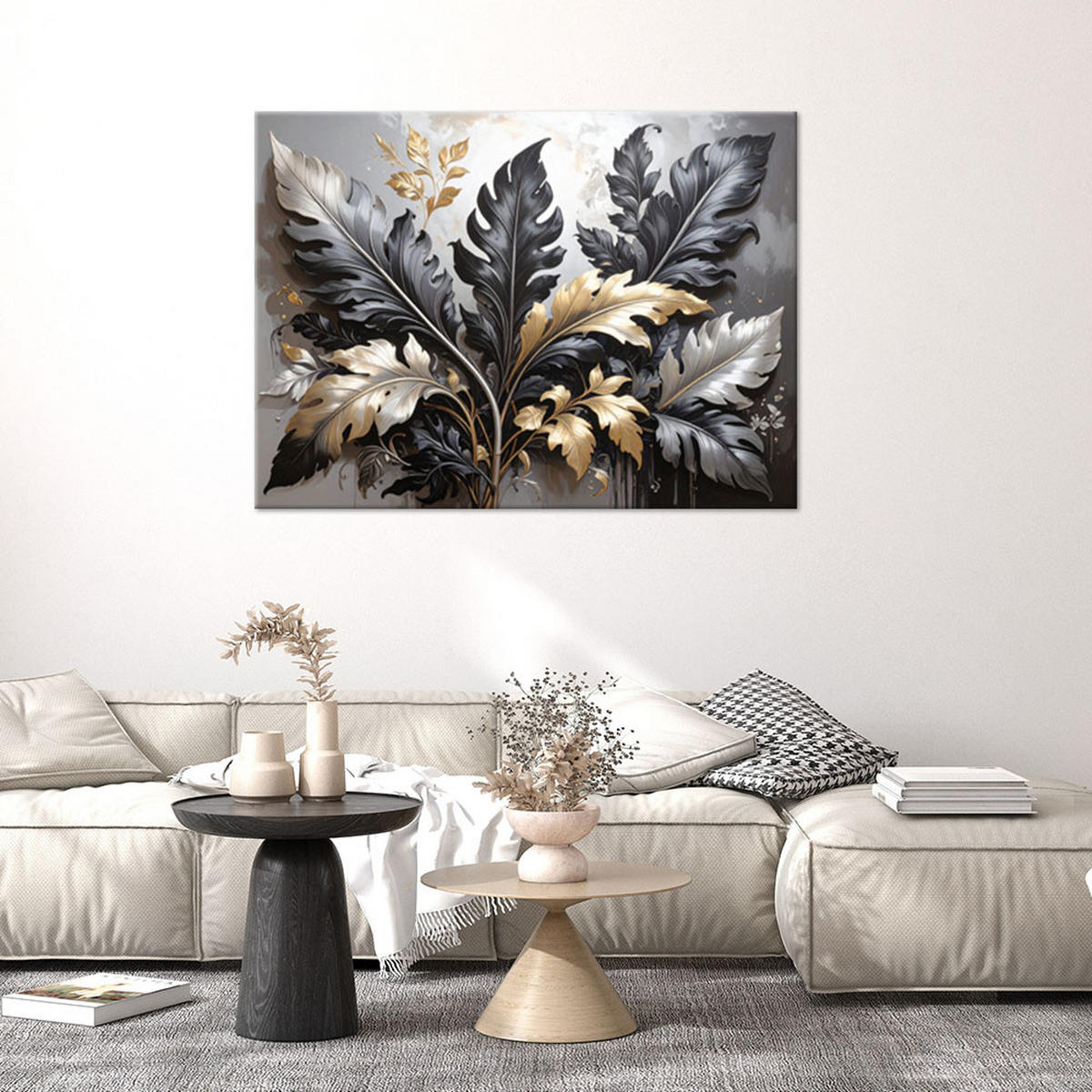 WANDBILD, Schwarz-goldene Akanthusblätter Lorbeerpflanzen Natur - Schwarz, Textil (45/30cm) - Feeby