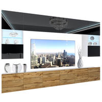 WOHNZIMMERWAND Schrankwand mit LED Schwarz Top / Wotan Eiche - Schwarz/Braun, Holz (300/180/36cm) - B BELINI GROUP