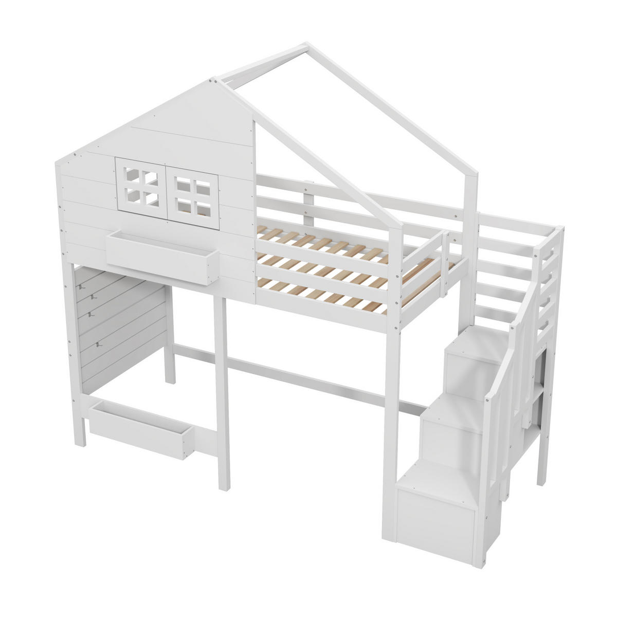 ETAGENBETT 90/200 cm in Weiß aus Kiefer massiv mit Stauraumtreppe - Weiß, Holzwerkstoff (90/200cm) - OKMYHOME