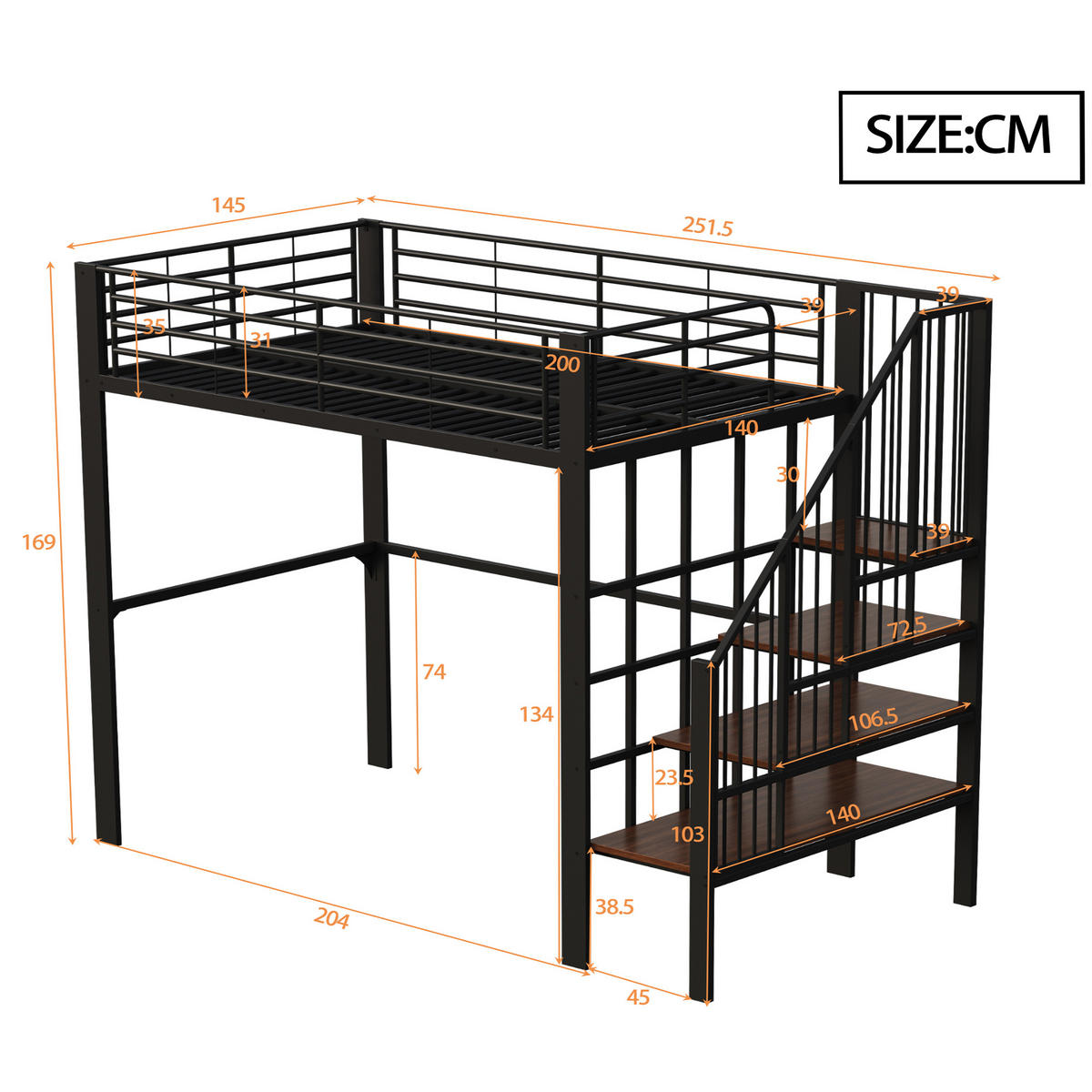HOCHBETT 140/200 cm Schwarz Metall mit Stauraum und Treppe - Schwarz, Metall (140/200cm) - OKWISH