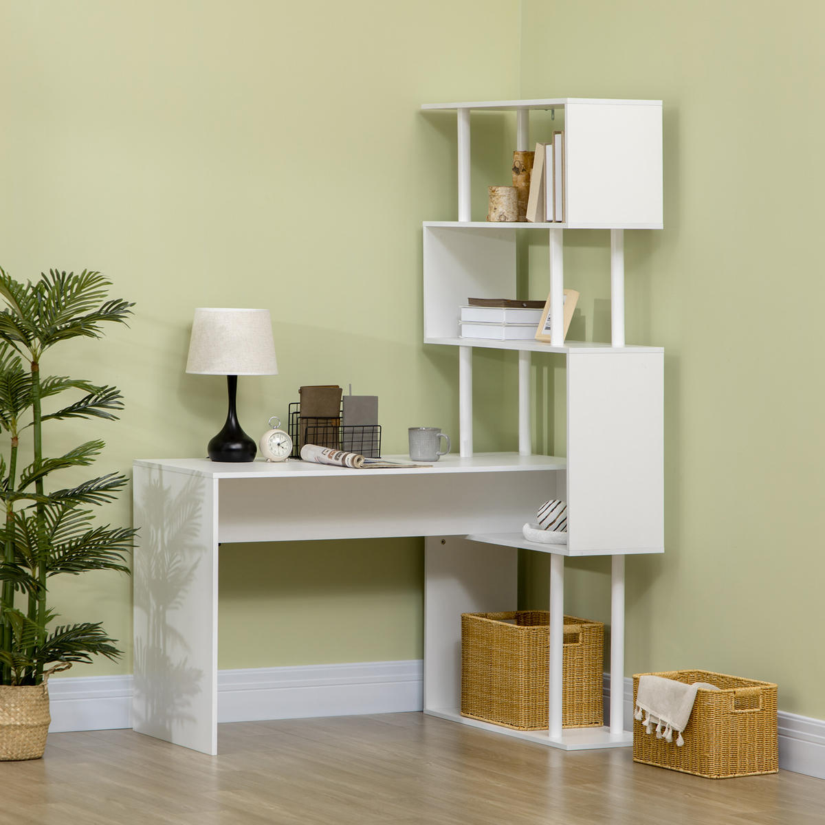 ECKSCHREIBTISCH Weiß in L-Form mit 4-stufigem Regal 120/80/176 cm - Weiß, Holzwerkstoff (80/120/176cm) - PANGIVO