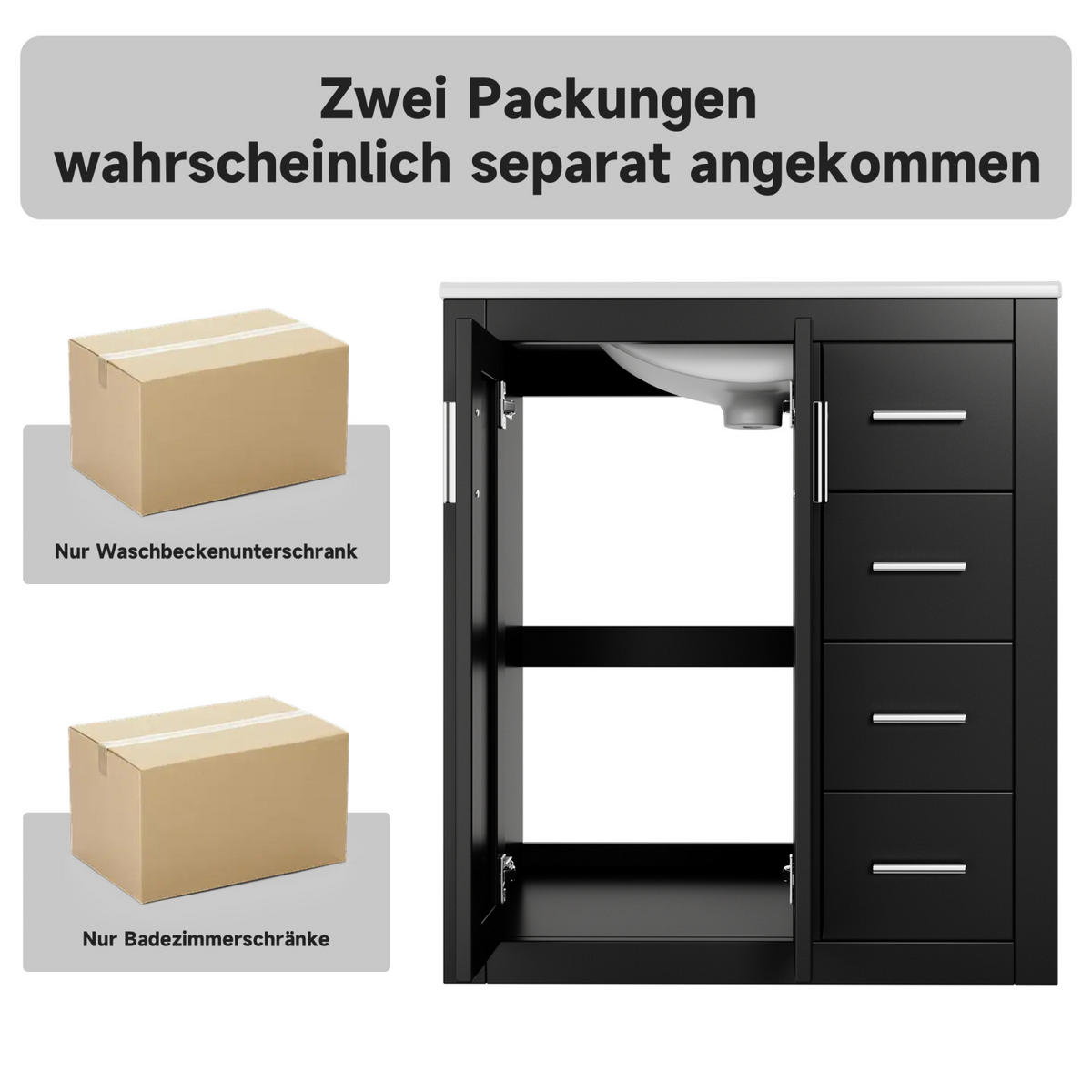 WASCHTISCHKOMBI,WASCHBECKENUNTERSCHRANK mit Keramikbecken 4 Schubladen - Schwarz, Holz/Metall (76/85/46cm) - PARAFTA HOME