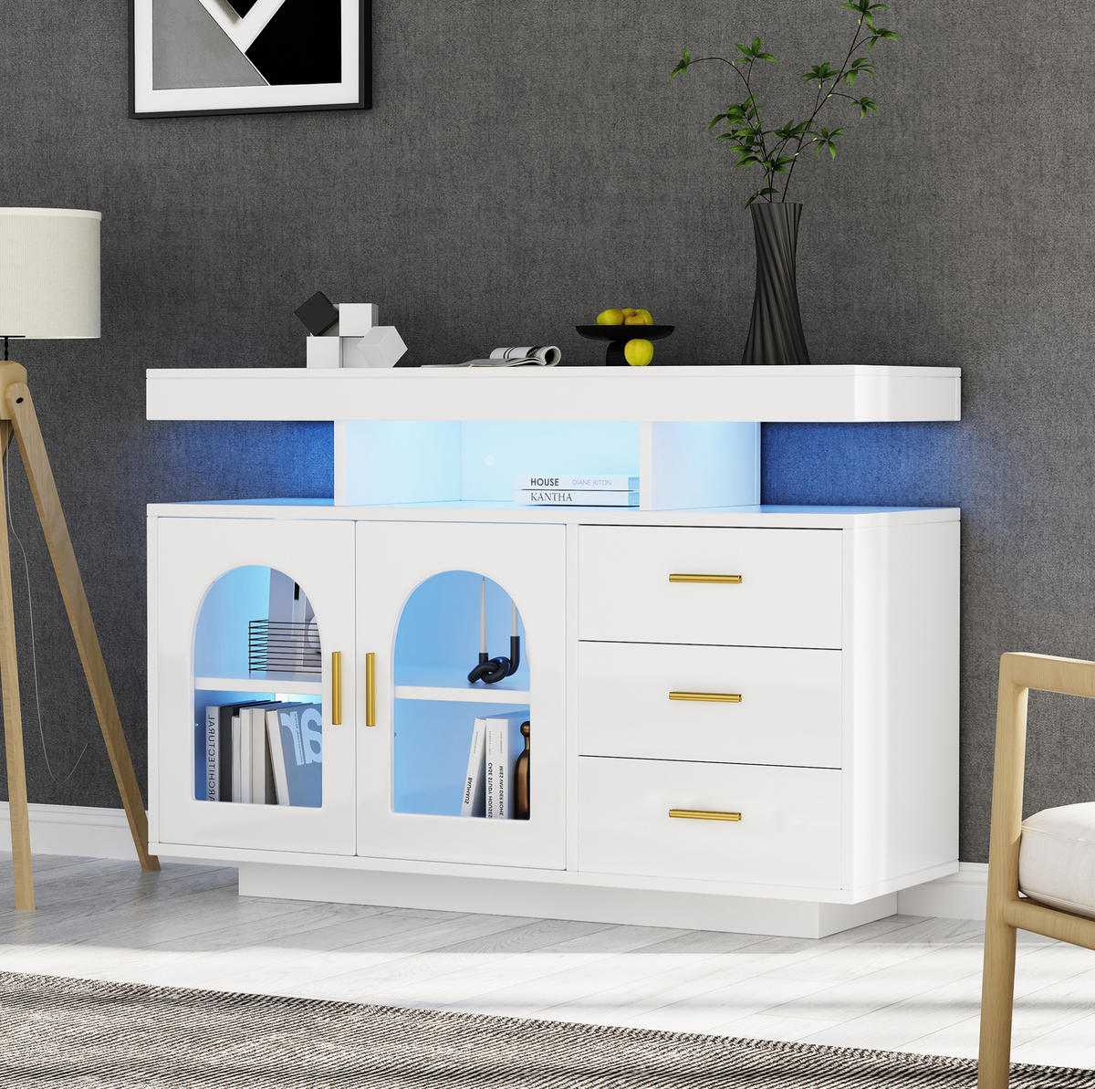 SIDEBOARD aus Spanplatte 120x40x80 cm Weiß mit App-gesteuerter LED-Beleuchtung, Hochglanzfront und viel Stauraum - Weiß, Holzwerkstoff (120/80/40cm) - Modfu