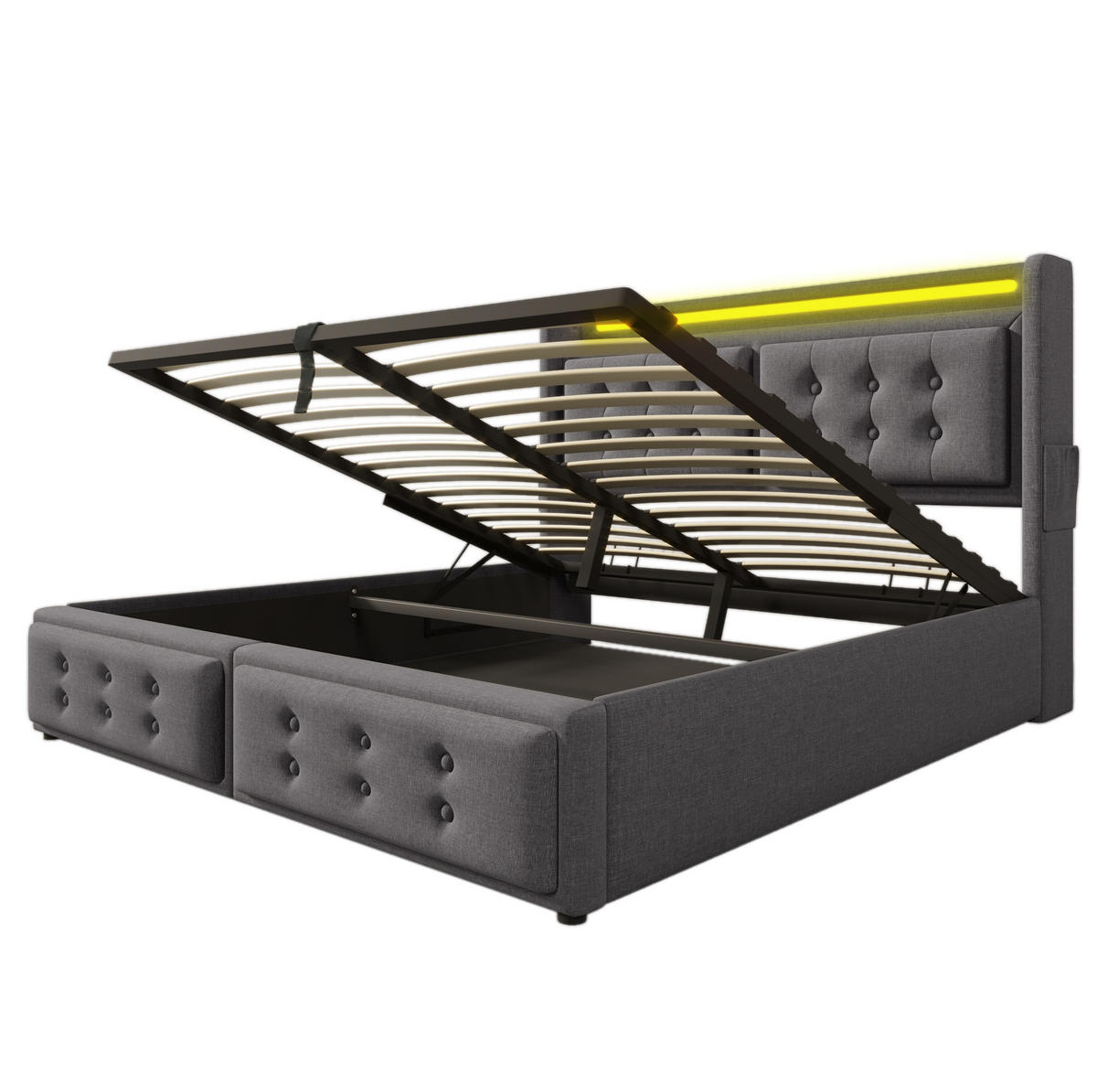 POLSTERBETT mit LED, USB-C und Stauraum 140x200 cm Baumwoll-Leinen Grau - Grau, Metall (140/200cm) - Meubliv