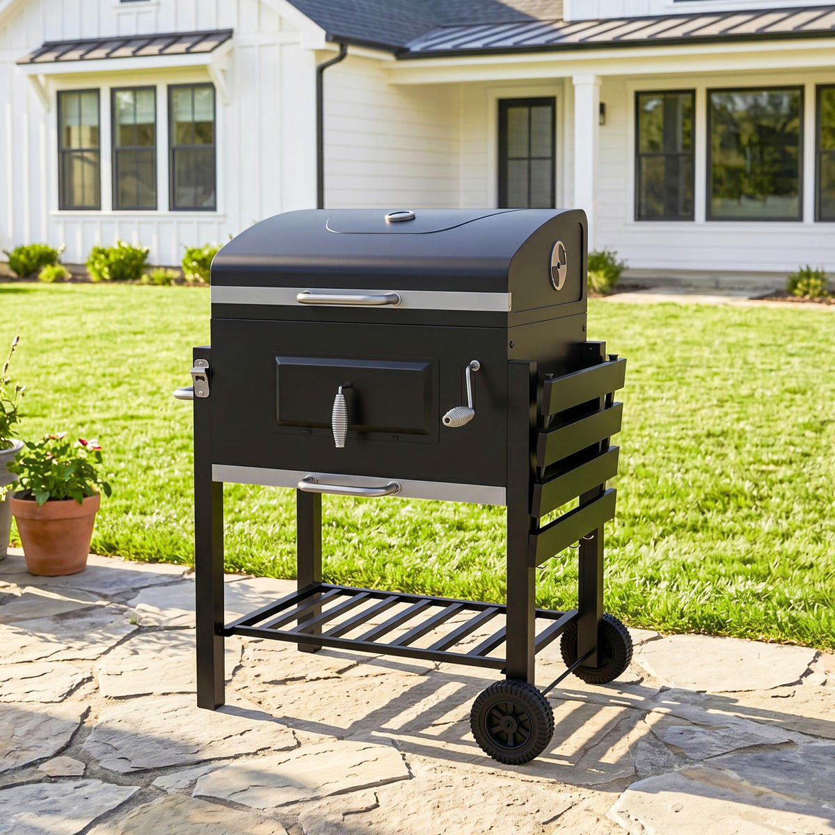 SMOKER DE-10162 höhenverstellbares Kohlefach, 2 Grillroste Schwarz - Schwarz, Metall (65/108/113cm) - ComfortXL