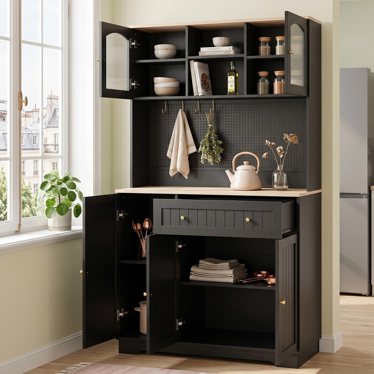 KÜCHENSCHRANK Schwarz mit Vitrinentüren, Lochblech & verstellbaren Böden - Schwarz, Holzwerkstoff (103.5/180/40cm) - Urban Meuble