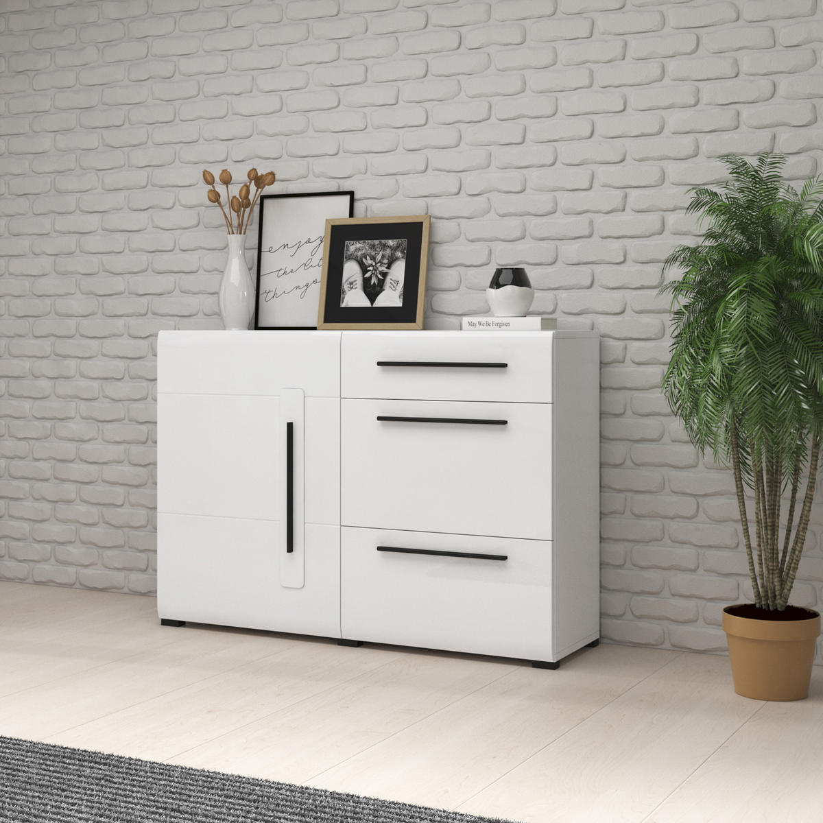 KOMMODE TULLIA 120/86/39 cm mit 3 Schubladen und 1 Türen Weiß - Weiß, Holzwerkstoff (120/86/39cm) - MASSENO