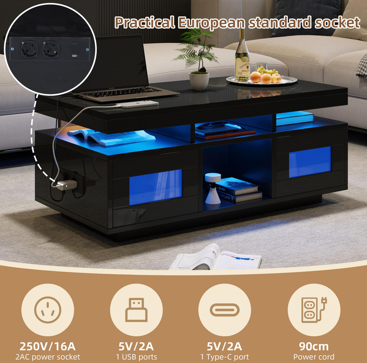 COUCHTISCH 100/50/43 cm Schwarz aus Spanplatte mit LED und Steckdose - Schwarz, Holzwerkstoff (100/50/43cm) - OKMYHOME