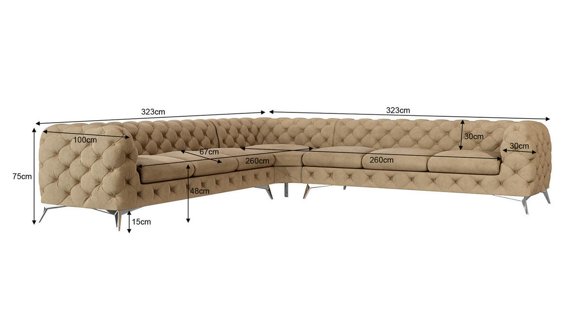 ECKSOFA Chesterfield Laura Beige Samt - Beige/Silberfarben, Holz/Textil (323/323cm) - S-Style Möbel