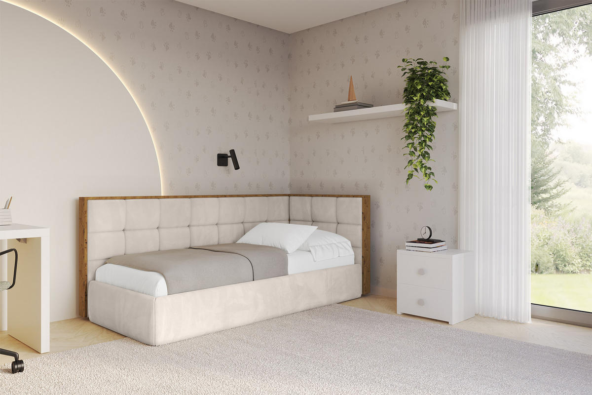 EINZELLBETT Jugendbett mit Bettkasten und Matratze H3/H4, Links - SOVY 90x200 Beige - Ecru, Holzwerkstoff/Textil (90/200cm) - ALTDECOR