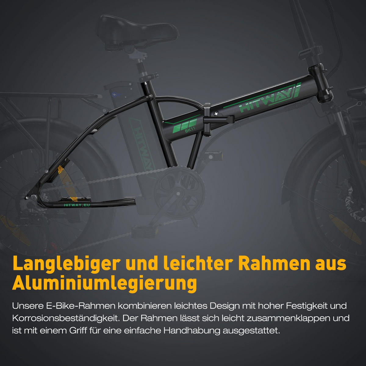 E-BIKE BK11 Klapprad 26 × 3,0 Zoll mit 36V12Ah Akku Max 35-90km - Grün, Metall (38cm) - HITWAY