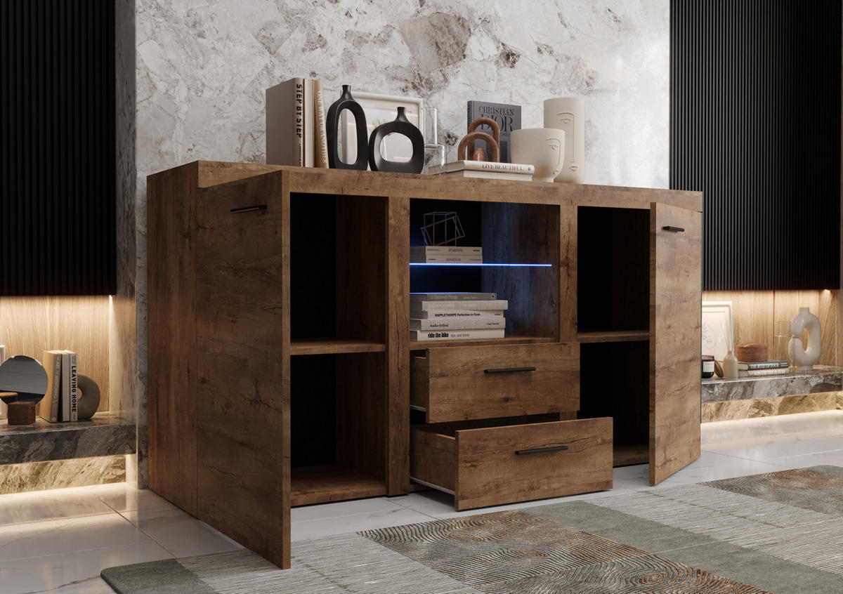 KOMMODE London LRK mit 2 Türen, Sideboard in Farbe: Braun, Größe: 156 x 82 x 40 cm - Braun, Holzwerkstoff (156/82/40cm) - O-Sofa