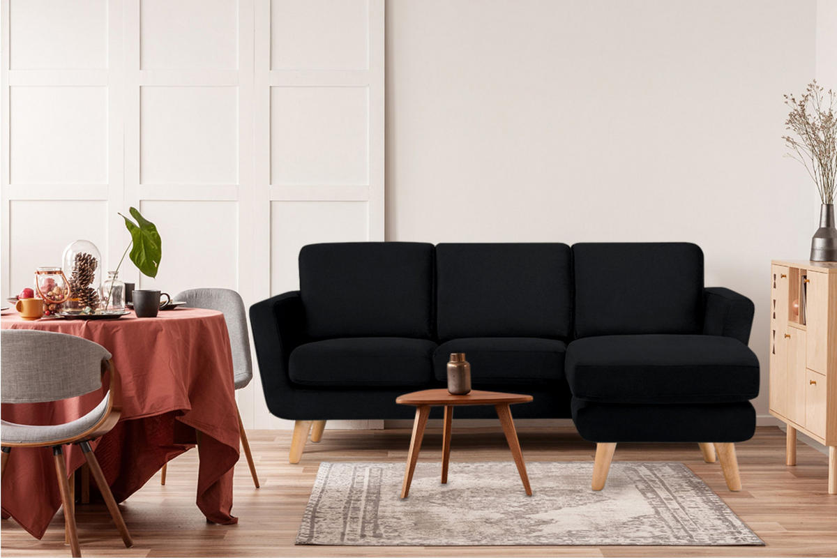 ECKSOFA TAGIO-RECHTS 3/4 Sitzer, Schwarz - Schwarz/Braun, Buchenholz/Textil (190/151cm) - KONSIMO®