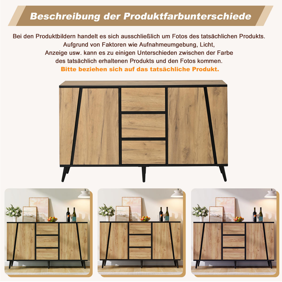 SIDEBOARD AUFBEWAHRUNGSSCHRANK Naturholz & Schwarz 2 Türen 3 Schubladen 120cm - Naturfarben, Holzwerkstoff (120/70/40cm) - Urban Meuble