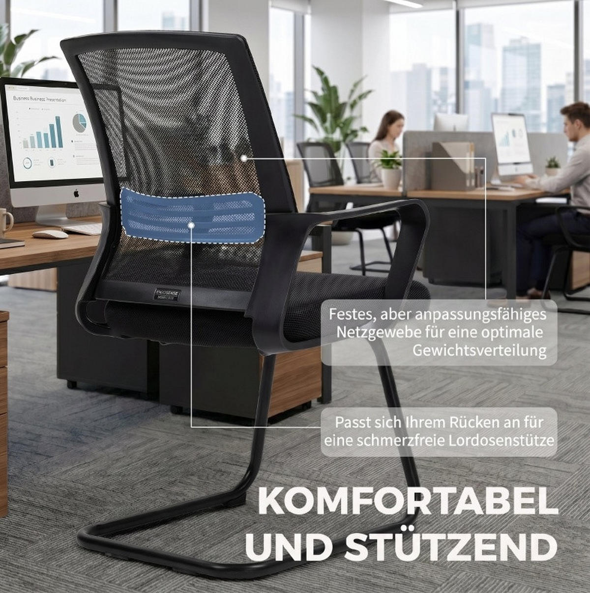 BESUCHERSTÜHLE im 2er-Set in Schwarz 57,5x58,5x93 cm mit Netzrückenlehne und Kufengestell - Schwarz, Textil (58.5/93/57.5cm) - IVMEU