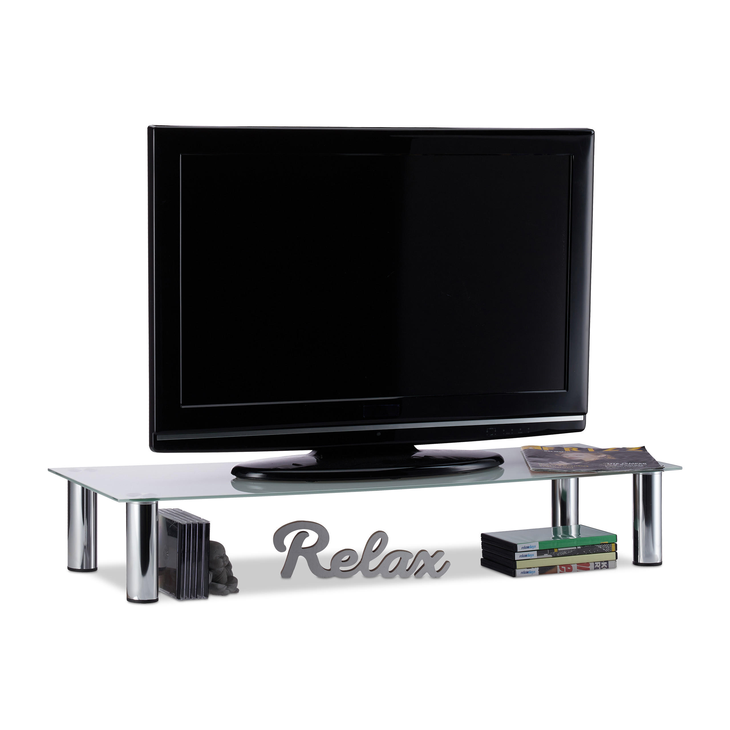 Relaxdays TV STOLEK Průhledný sklo chrom 17x100x35 cm