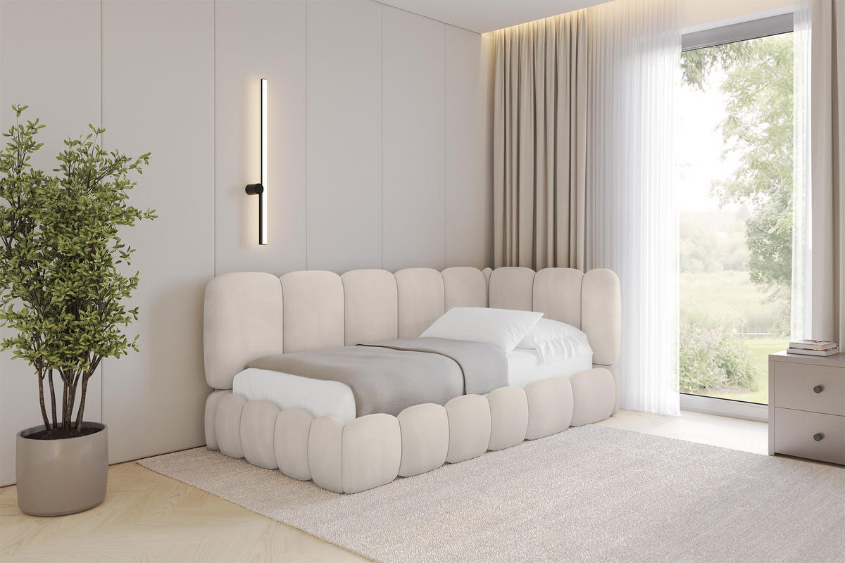 EINZELLBETT Jugendbett mit Bettkasten und Matratze H3/H4, Links - AVRY 80x200 Beige - Ecru, Holzwerkstoff/Textil (80/200cm) - ALTDECOR