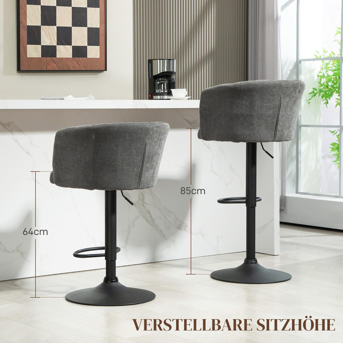 2ER-SET Barhocker, Bistrohocker mit Fußstütze, Drehbar Barstuhl Höhenverstellbar - Dunkelgrau/Schwarz, Kunststoff/Textil (53/110/59cm) - HOMCOM