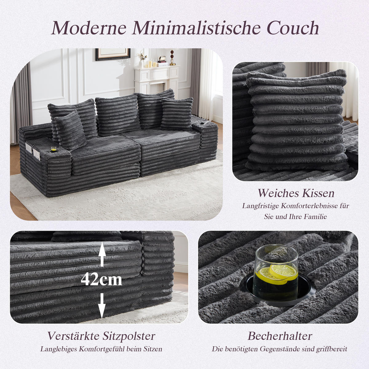 SCHLAFSOFA aus Cord mit Getränkehaltern und Kissen, Dunkelgrau - Dunkelgrau, Textil (107.48/34.25/38.58cm)