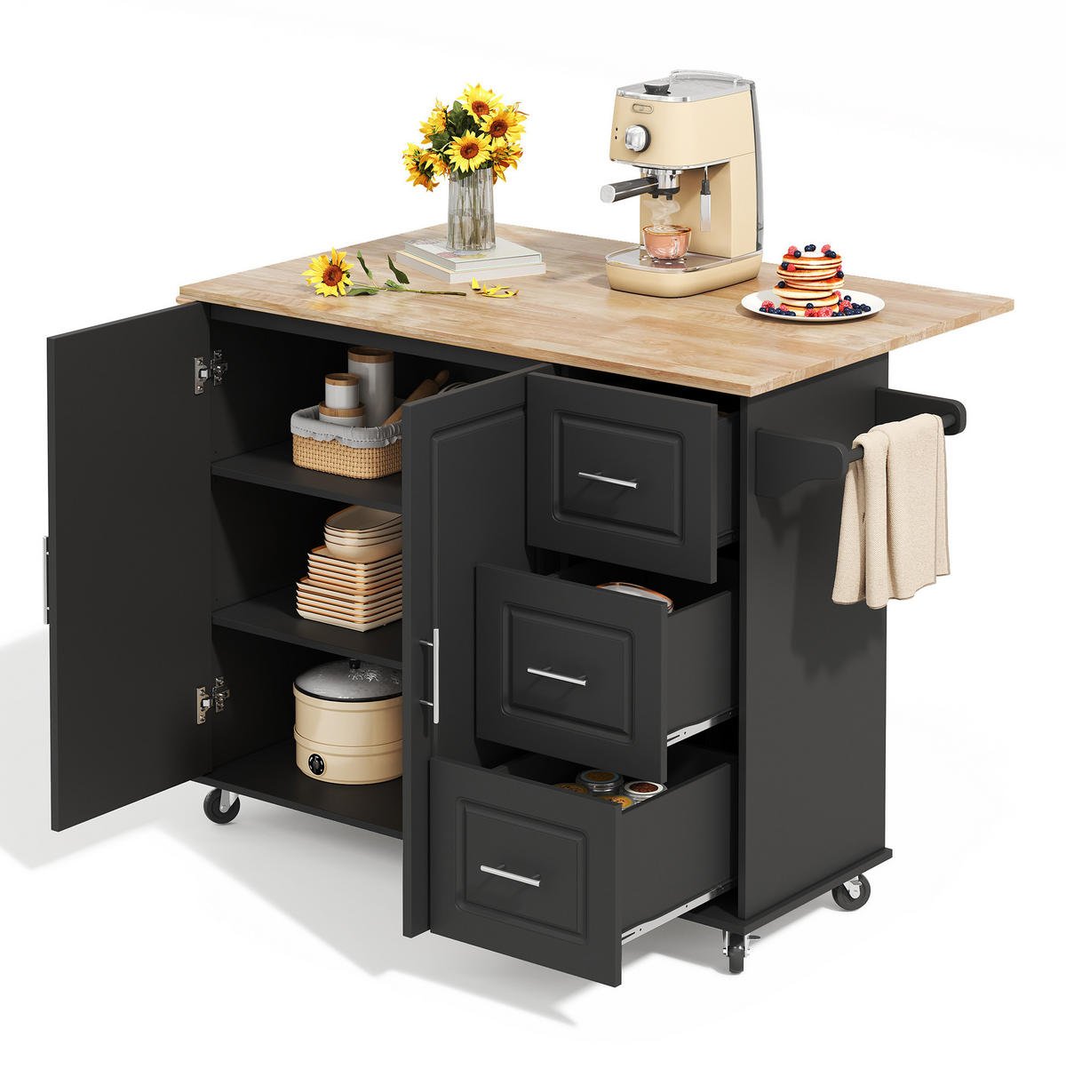 KÜCHENINSEL 137/43(76)/92 cm mit klappbarer Arbeitsplatte, 3 Schubladen und Rollen, MDF, Schwarz - Schwarz, Holzwerkstoff (137/92/76cm) - Redom